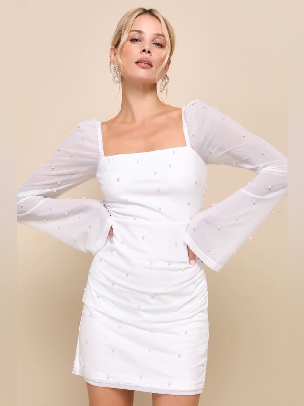 NWOT Lulus Flirty Luxury Ivory Mesh Pearl Long Sleeve Mini Dress Size Large